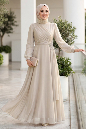 Modest Evening Dress - Shimmering Fabric Drapeli Beige Modest Evening Dress 4916BEJ - 2