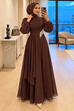 Modest Evening Dress - Shimmering Fabric Drapeli Brown Modest Evening Dress 4916KH - N.S NEVA STYLE