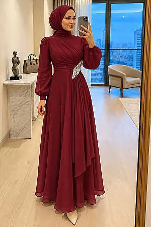 Modest Evening Dress - Shimmering Fabric Drapeli Burgundy Modest Evening Dress 4916BR 