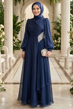 Modest Evening Dress - Shimmering Fabric Drapeli Navy Blue Modest Evening Dress 4916L 