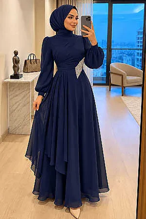 Modest Evening Dress - Shimmering Fabric Drapeli Navy Blue Modest Evening Dress 4916L - N.S NEVA STYLE