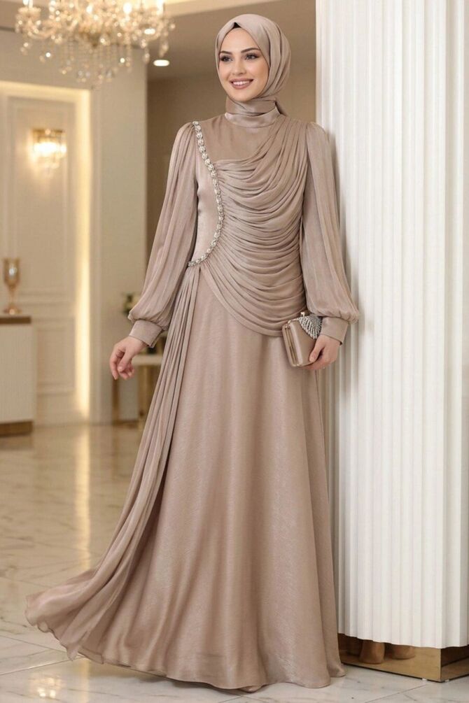 Modest Evening Dress - Shimmering Koyu Beige Drapeli Modest Evening Dress 57091KBEJ - 1