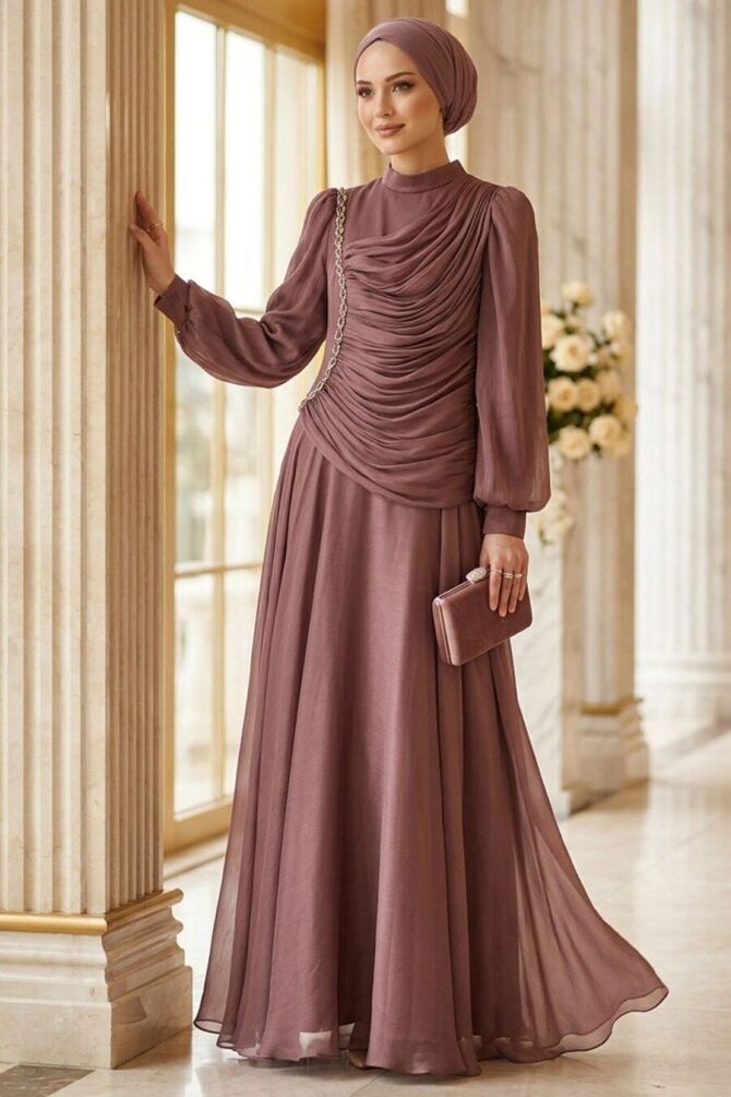 Modest Evening Dress - Shimmering Koyu Dusty Rose Drapeli Modest Evening Dress 57091KGK - 1