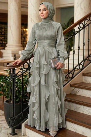 Modest Evening Dress - Shimmering Mint Ruffle Drapeli Modest Evening Dress 48532MINT 
