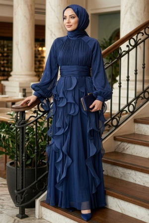 Modest Evening Dress - Shimmering Navy Blue Ruffle Drapeli Modest Evening Dress 48532L 