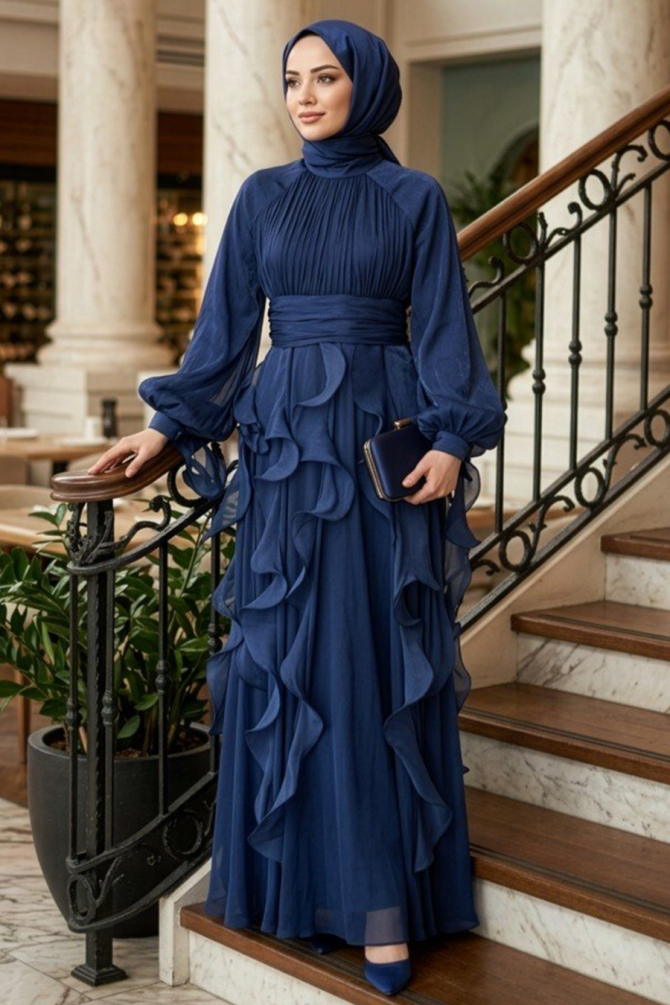 Modest Evening Dress - Shimmering Navy Blue Ruffle Drapeli Modest Evening Dress 48532L - 1