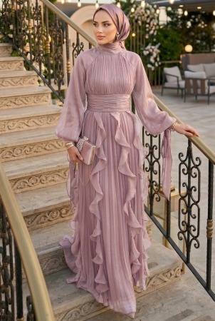 Modest Evening Dress - Shimmering Powder Pink Ruffle Drapeli Modest Evening Dress 48532PD - 1