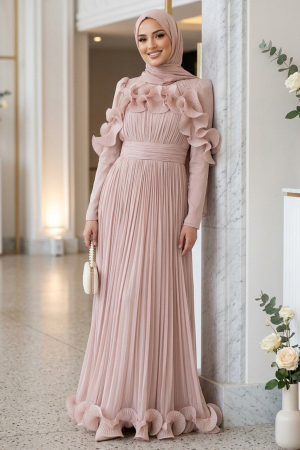 Modest Evening Dress - Shimmering Powder Pink Ruffled Pleated Modest Evening Dress 55691PD 