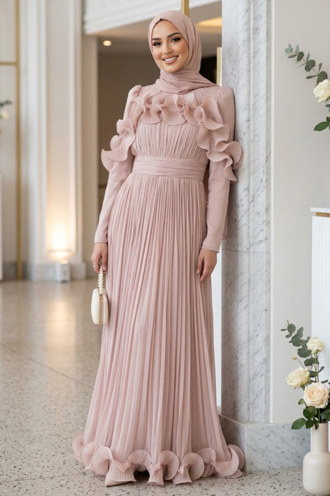 Modest Evening Dress - Shimmering Powder Pink Ruffled Pleated Modest Evening Dress 55691PD - 1