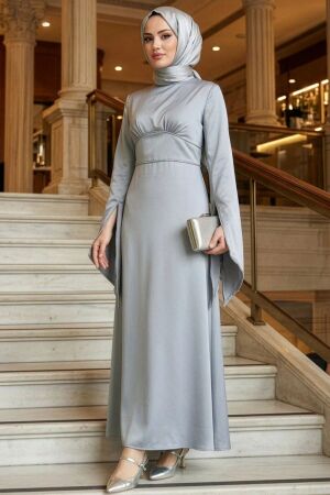 Modest Evening Dress - Spanish Sleeve Gray Modest Satin Evening Dress 6258GR 