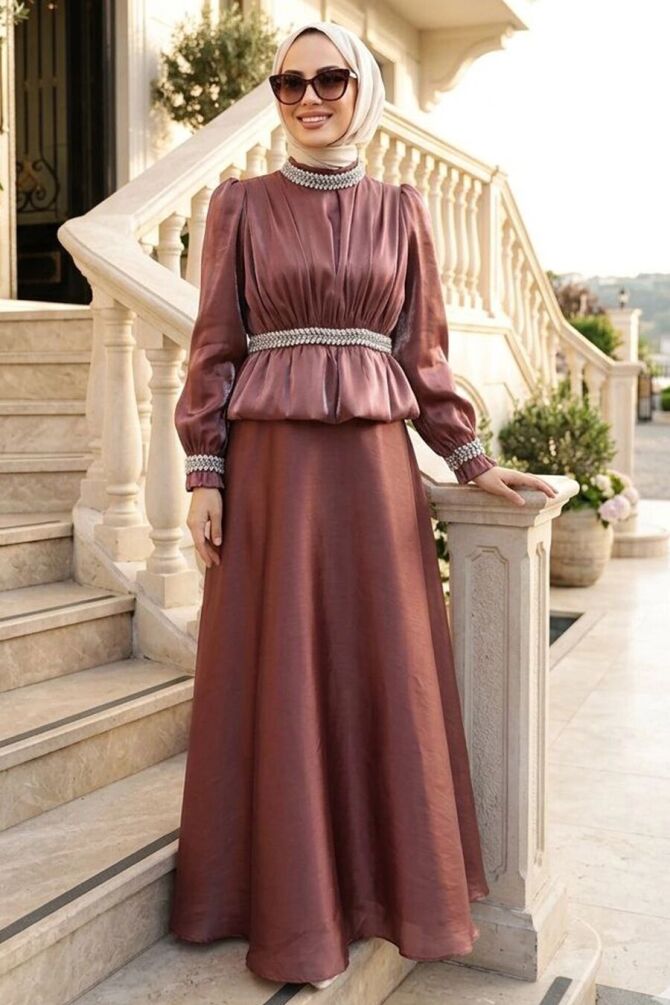 Modest Evening Dress - Stone Bead Detailed Koyu Salmon Modest Evening Dress 4879KSMN - 1