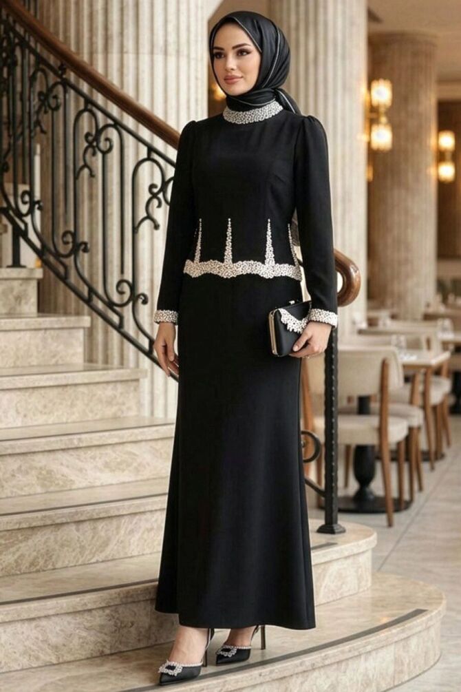Modest Evening Dress - Stone Bead Embroidered Black Modest Evening Dress 4861S - 1
