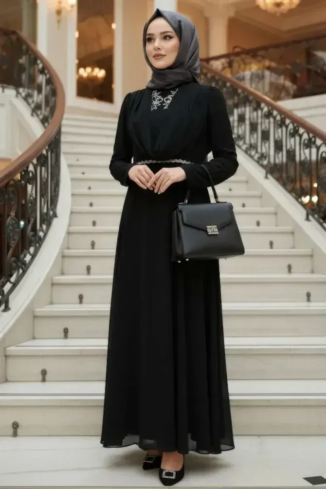 Modest Evening Dress - Stone Detailed Black Modest Evening Dress 4838S - 1