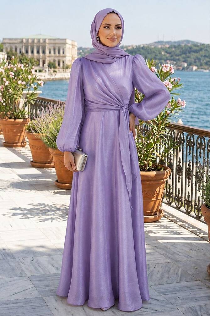 Modest Evening Dress - Yandan Tie Detailed Lila Modest Evening Dress 62191LILA - 1