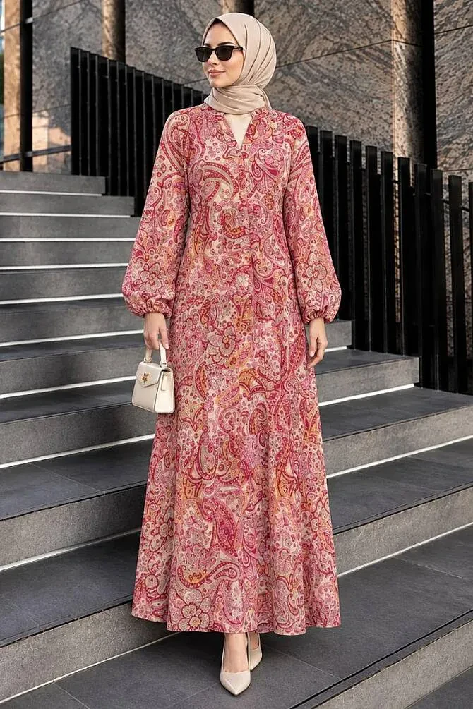Modest Fuchsia Floral Maxi Dress 23585F - 1