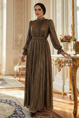 Modest Gold Evening Gown With Long Sleeve 44961GOLD - Neva-style.com