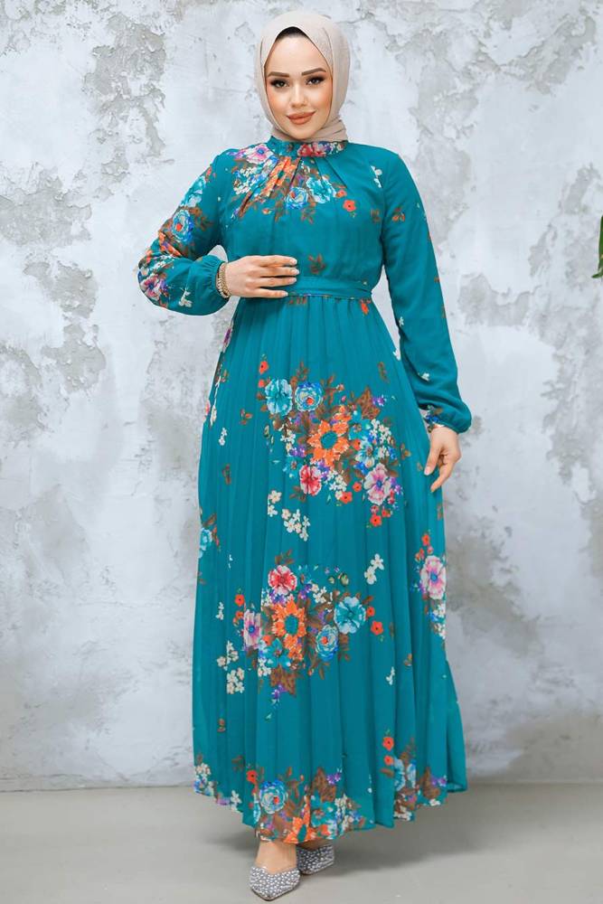 Modest Green Floral Dress 34468Y - 1