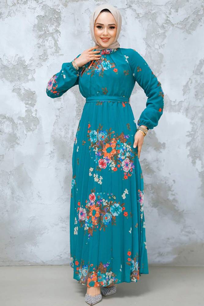 Modest Green Floral Dress 34468Y - 2