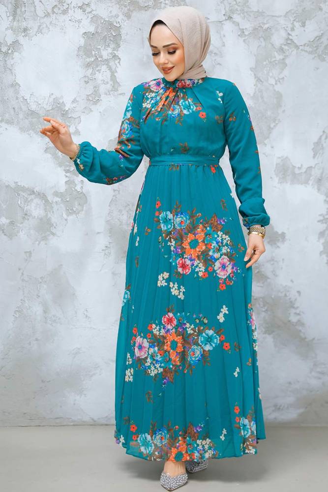 Modest Green Floral Dress 34468Y - 3