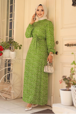 Modest Green Long Floral Dress 6108Y - 2