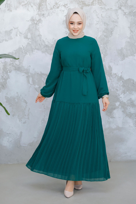 Modest Green Pleated Long Dress 23771Y - 1