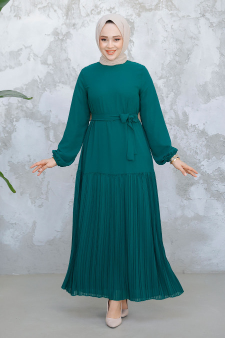 Modest Green Pleated Long Dress 23771Y - 2