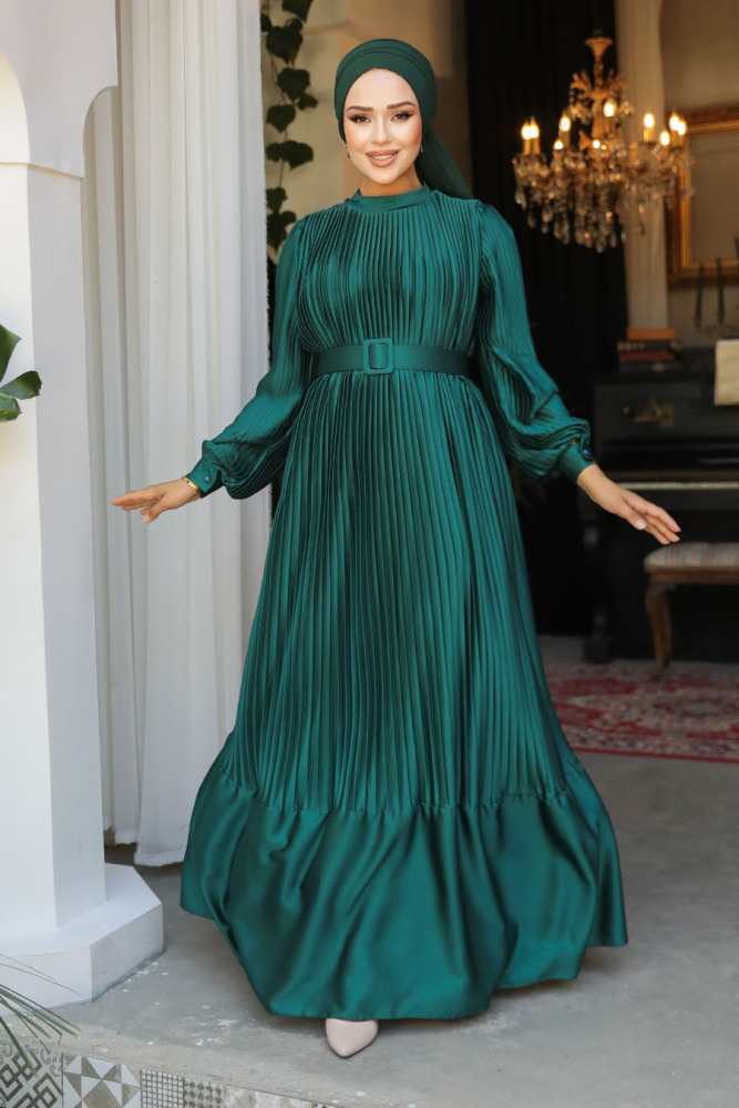 Modest Green Pleated Maxi Dress 43532Y - 1