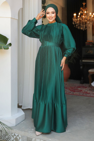 Modest Green Pleated Maxi Dress 43532Y - 3