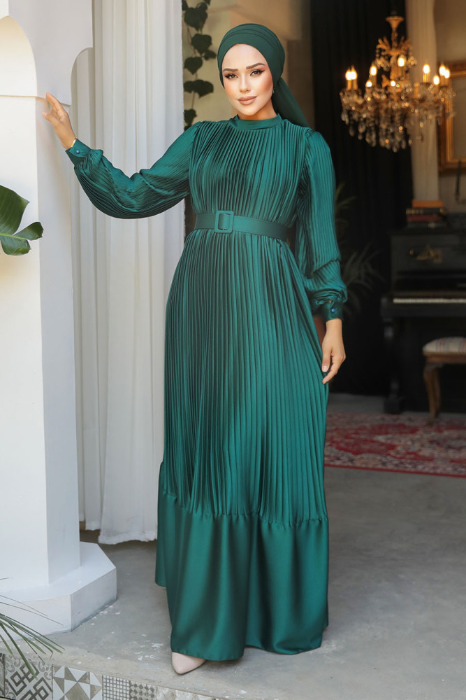 Modest Green Pleated Maxi Dress 43532Y - 2