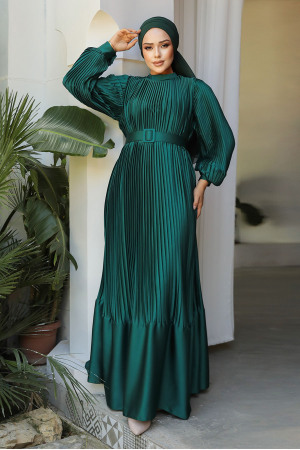 Modest Green Pleated Maxi Dress 43532Y - 4