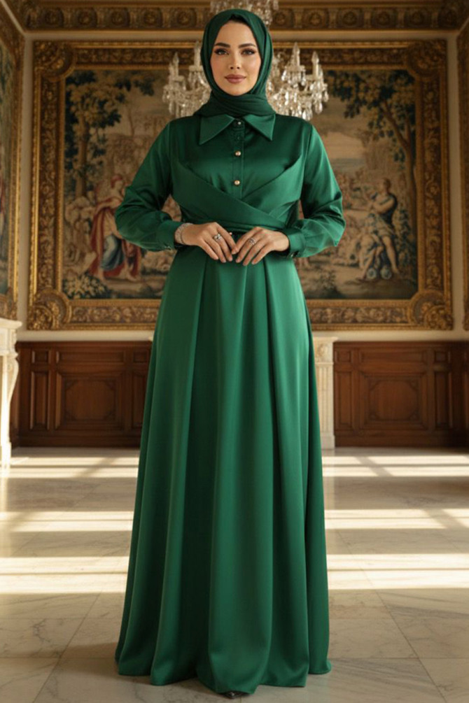 Modest Green Satin Dress 45661Y - 1