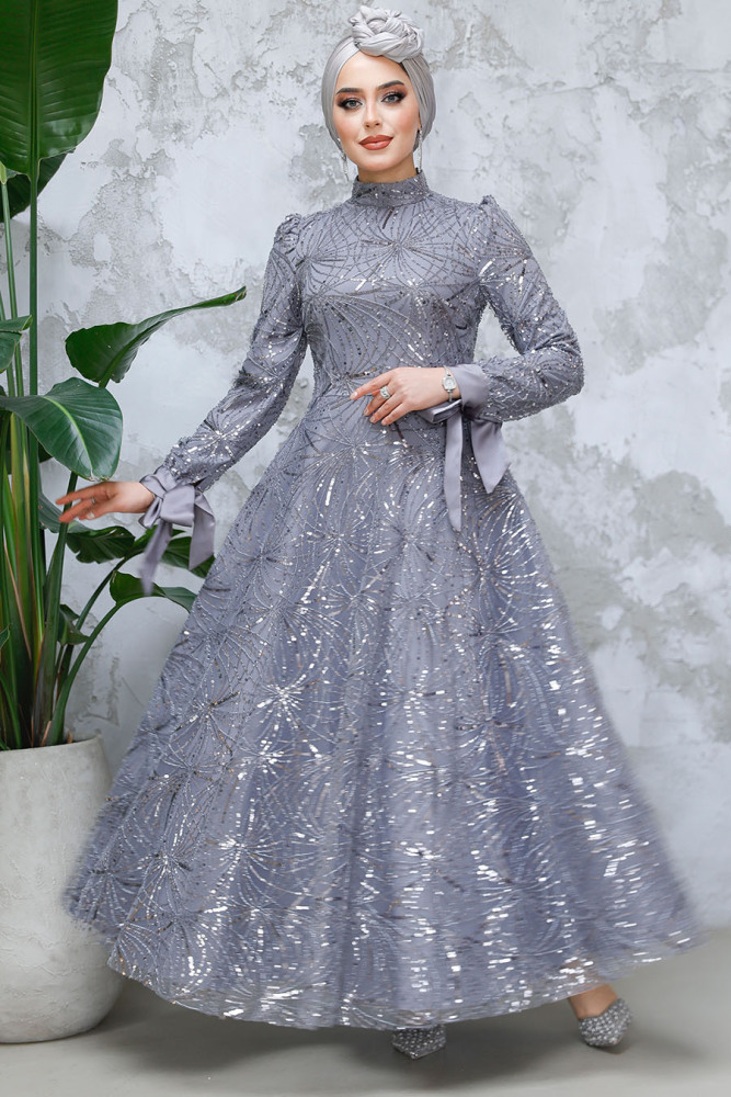 Modest Grey Elegant Evening Gown 4908GR - 1