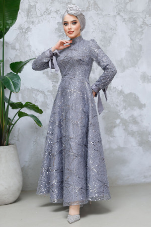 Modest Grey Elegant Evening Gown 4908GR - 3
