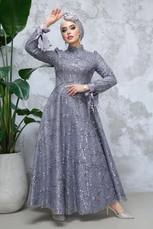Modest Grey Elegant Evening Gown 4908GR - 2