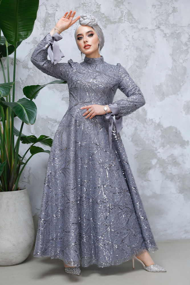 Modest Grey Elegant Evening Gown 4908GR - 2