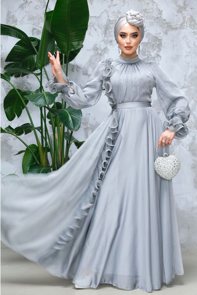 Modest Grey Evening Long Dress 48571GR - 1