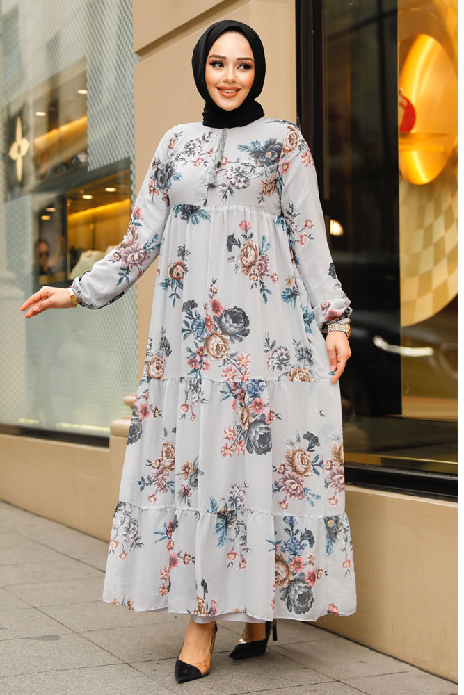 Modest Grey Long Floral Dress 22052GR - 1