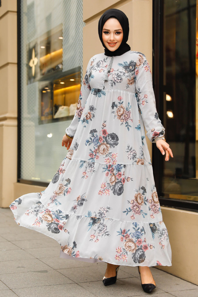 Modest Grey Long Floral Dress 22052GR - 2