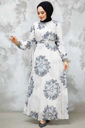 Modest Grey Pleated Floral Dress 344603GR - 1