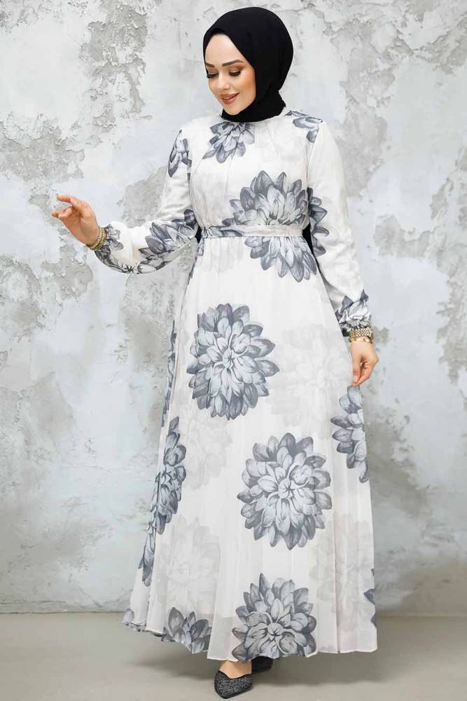 Modest Grey Pleated Floral Dress 344603GR - 1