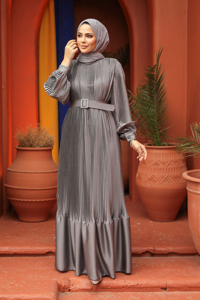 Modest Grey Pleated Maxi Dress 43532GR - 2