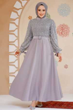 Modest Grey Satin Evening Gown 6176GR - 1