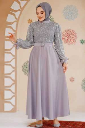 Modest Grey Satin Evening Gown 6176GR - 2