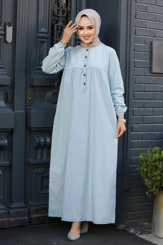 Modest İce Blue Denim Dress 23512BM - 1