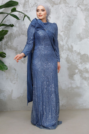 Modest İndigo Blue Bridal Dress 50541IM - 1