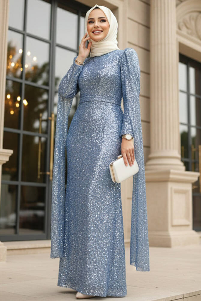 Modest İndigo Blue Bridal Dress 52241IM - 1