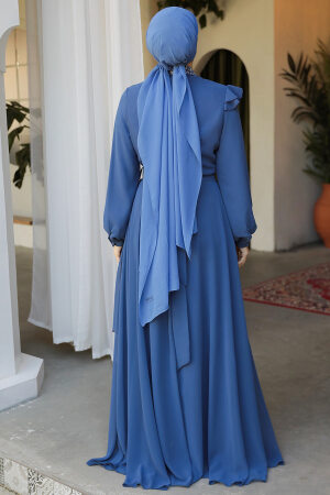 Modest İndigo Blue Bridesmaid Dress 25885IM - 5
