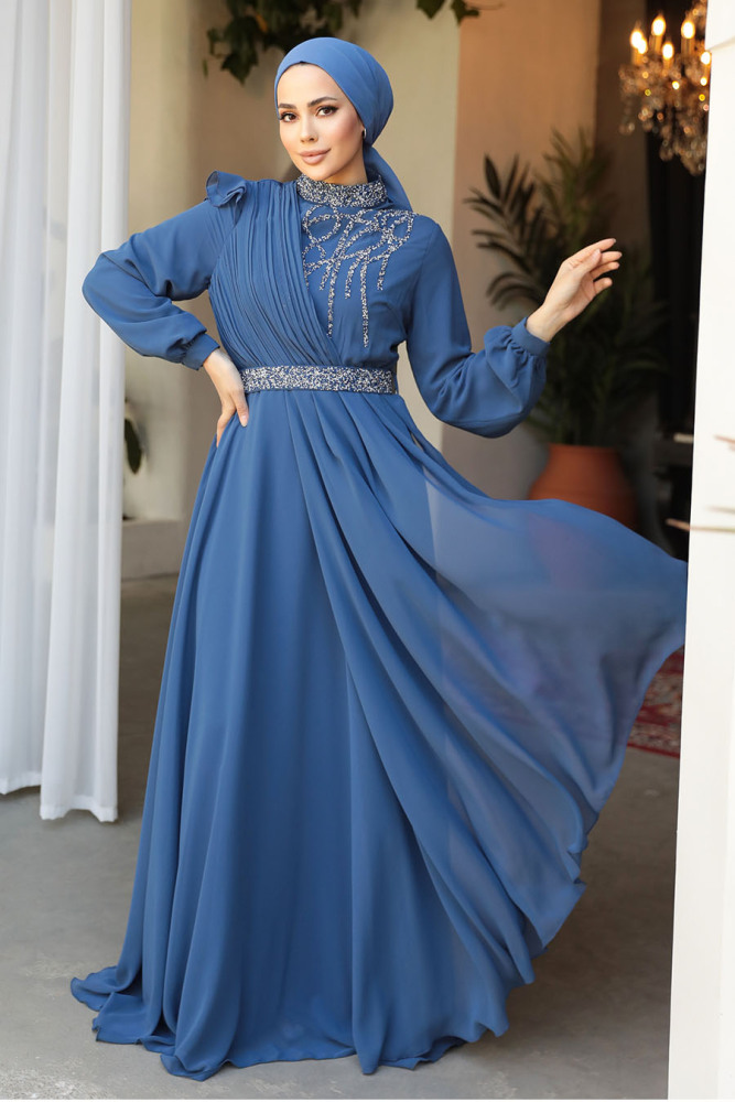 Modest İndigo Blue Bridesmaid Dress 25885IM - 1