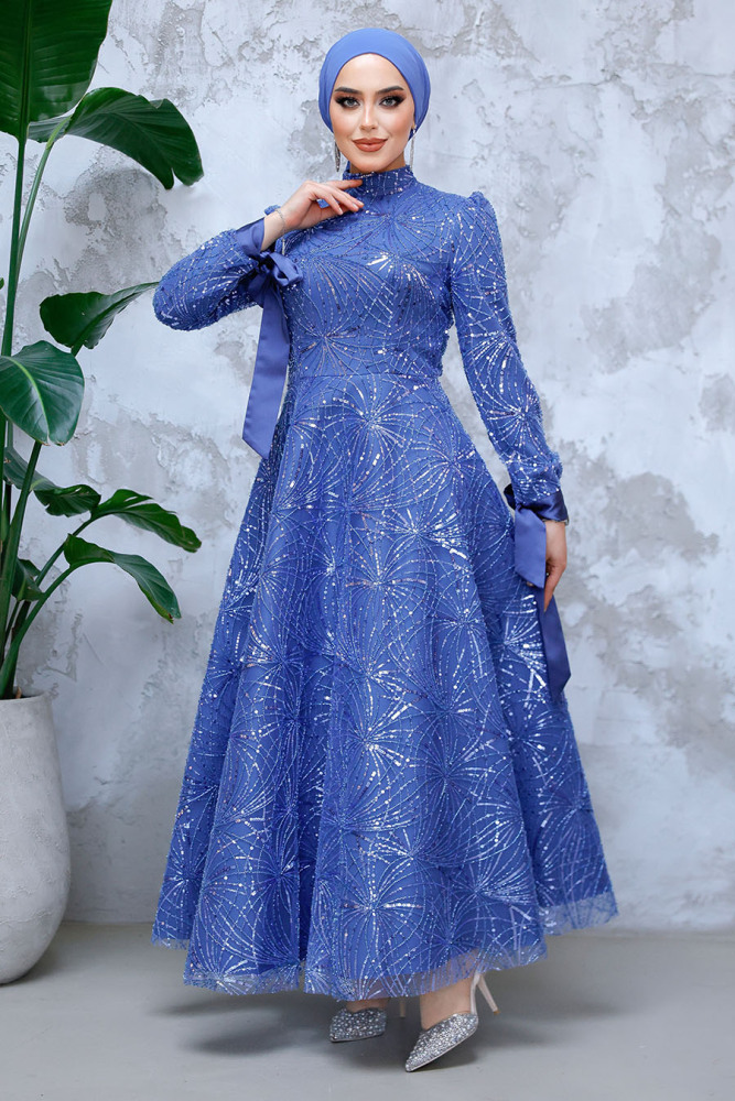 Modest İndigo Blue Elegant Evening Gown 4908IM - 2