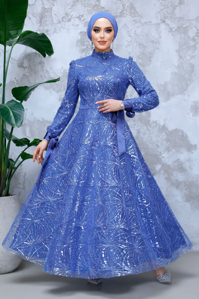 Modest İndigo Blue Elegant Evening Gown 4908IM - 1